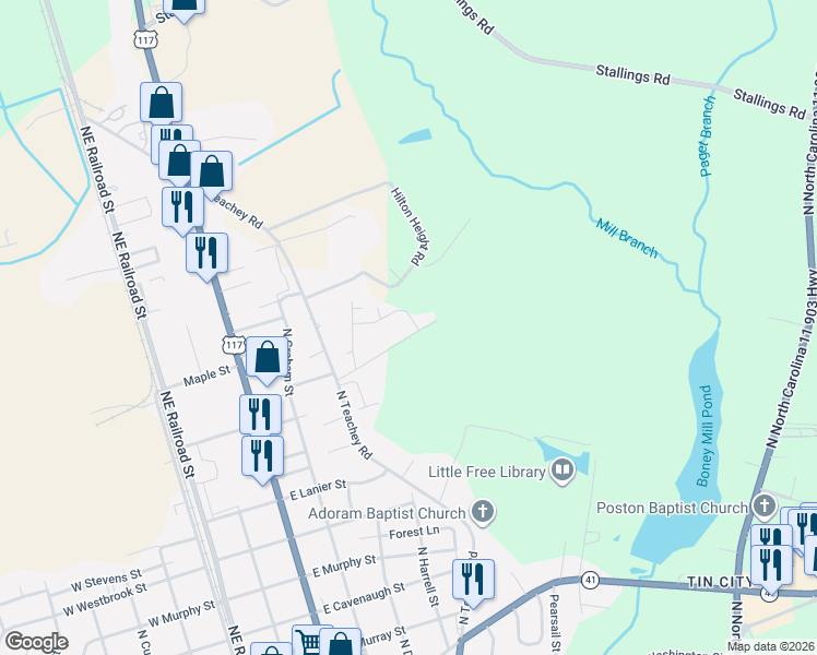 map of restaurants, bars, coffee shops, grocery stores, and more near 145 Dobbins Street in Wallace
