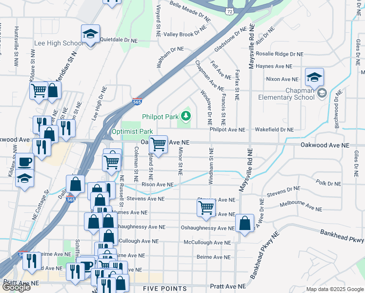 map of restaurants, bars, coffee shops, grocery stores, and more near 1300 Oakwood Avenue Northeast in Huntsville