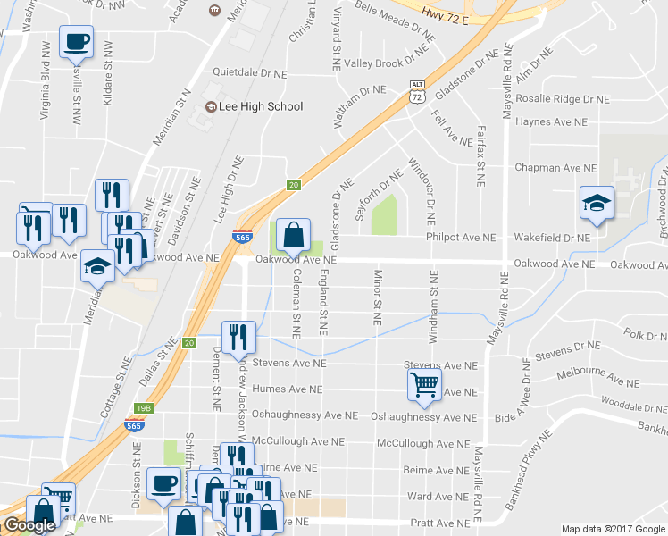 map of restaurants, bars, coffee shops, grocery stores, and more near 1102 Oakwood Avenue Northeast in Huntsville