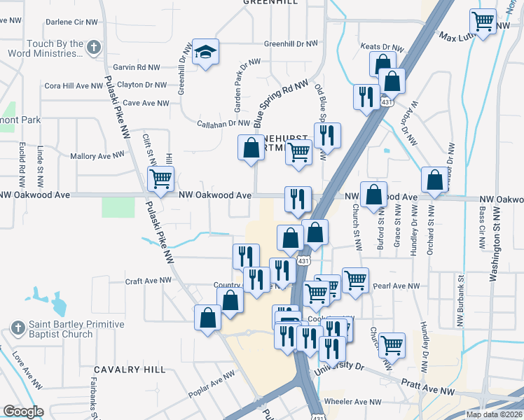 map of restaurants, bars, coffee shops, grocery stores, and more near 2117 Oakwood Avenue Northwest in Huntsville