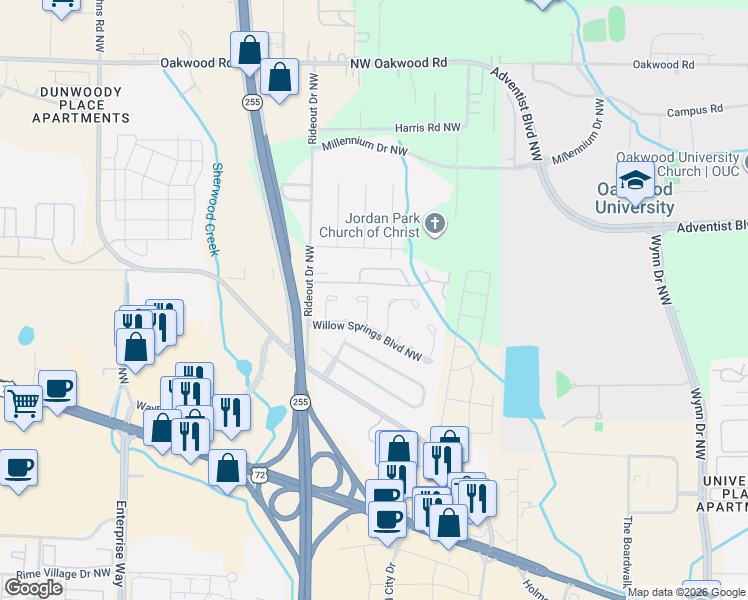 map of restaurants, bars, coffee shops, grocery stores, and more near 1810 Countryside Lane Northwest in Huntsville