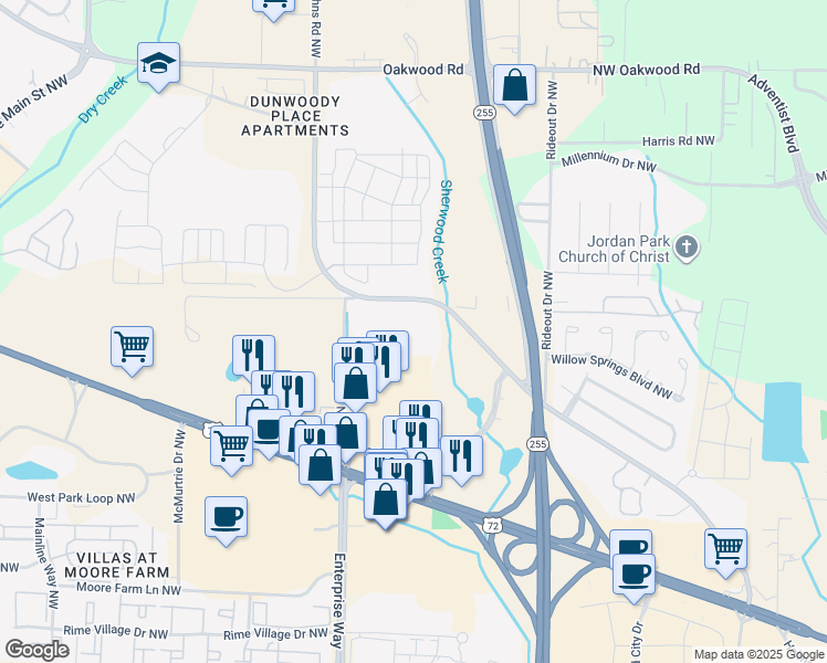 map of restaurants, bars, coffee shops, grocery stores, and more near 1325 Old Monrovia Road Northwest in Huntsville