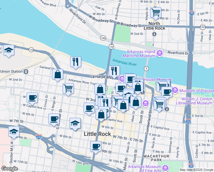 map of restaurants, bars, coffee shops, grocery stores, and more near 101 Broadway Street in Little Rock