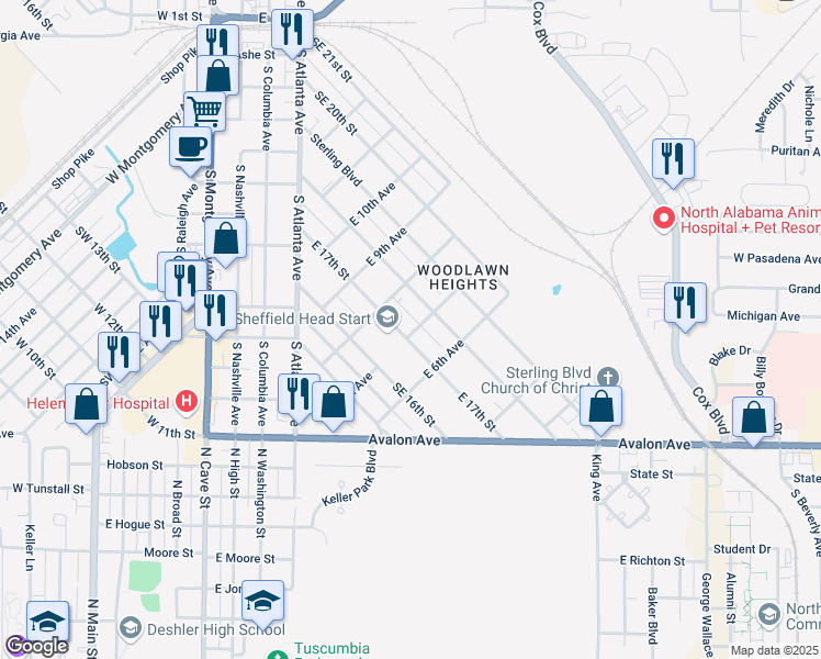 map of restaurants, bars, coffee shops, grocery stores, and more near 700 East 17th Street in Sheffield