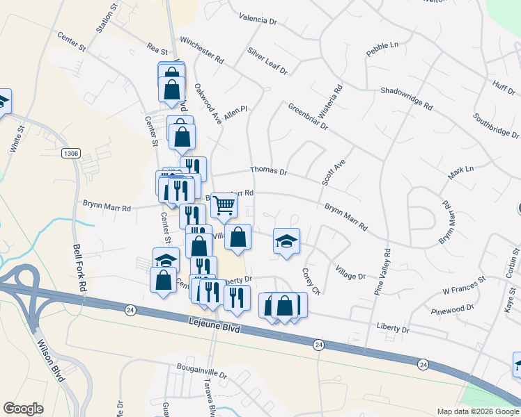 map of restaurants, bars, coffee shops, grocery stores, and more near 402 Brynn Marr Road in Jacksonville