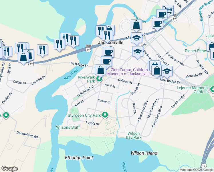 map of restaurants, bars, coffee shops, grocery stores, and more near 20 Ward Street in Jacksonville