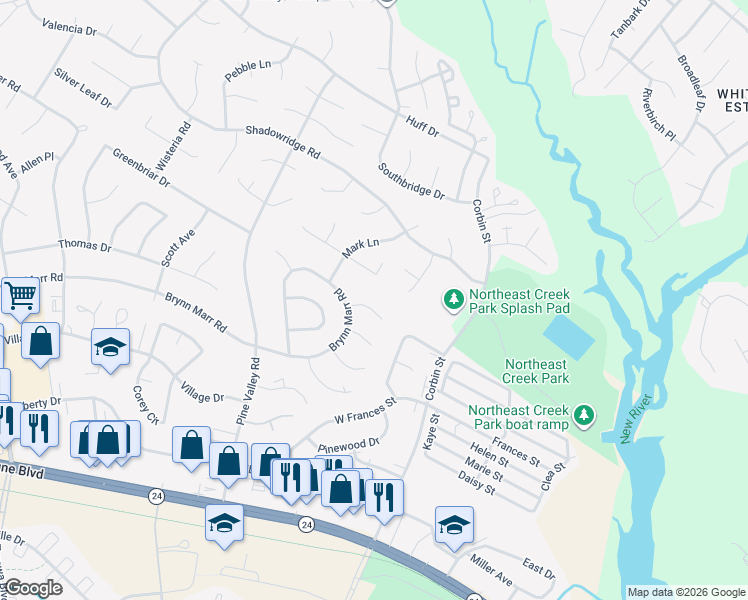 map of restaurants, bars, coffee shops, grocery stores, and more near 107 Eastview Court in Jacksonville