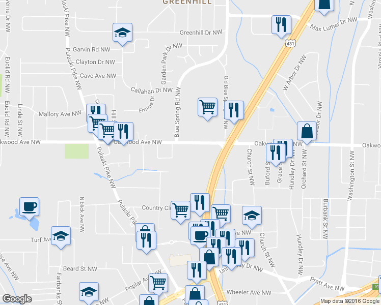 map of restaurants, bars, coffee shops, grocery stores, and more near 2117 Oakwood Avenue Northwest in Huntsville