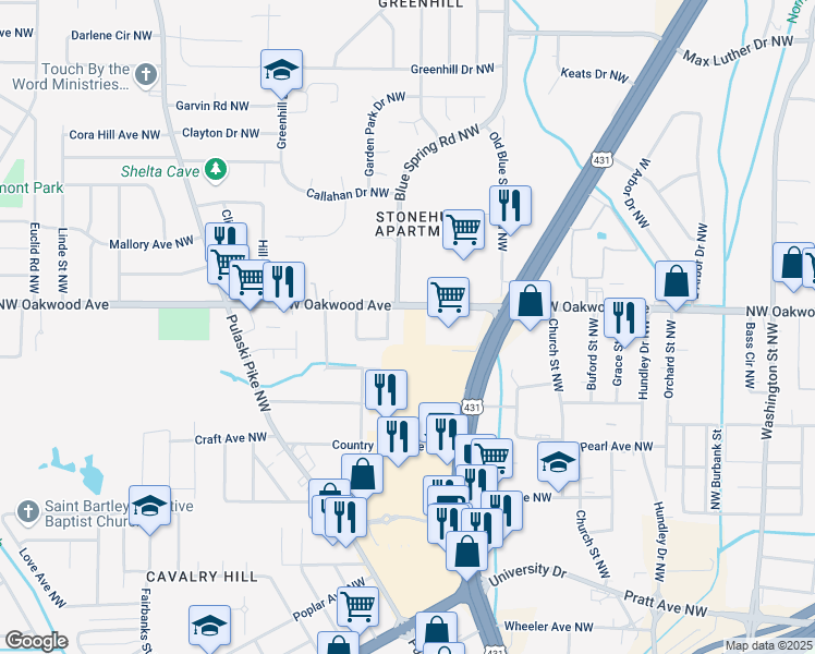 map of restaurants, bars, coffee shops, grocery stores, and more near 2117 Oakwood Avenue Northwest in Huntsville