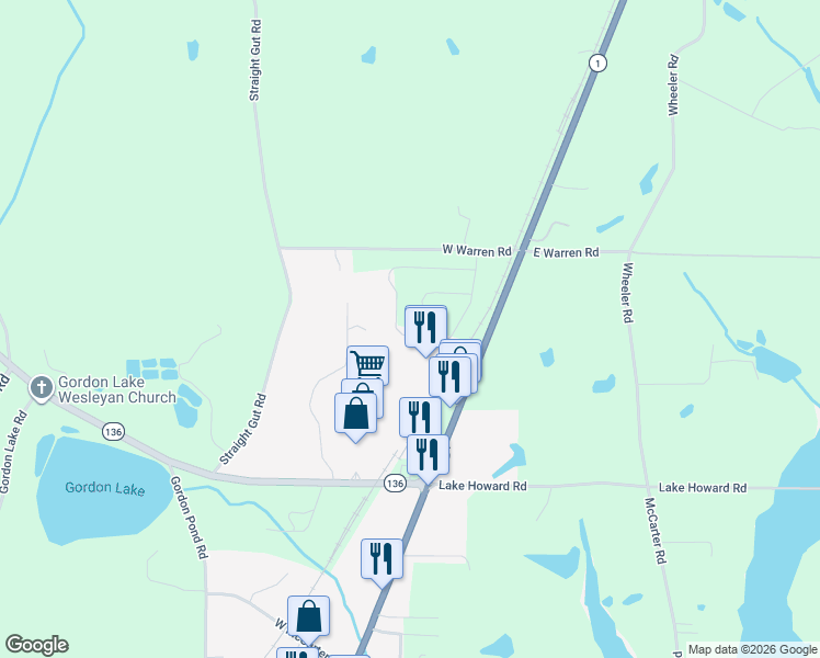 map of restaurants, bars, coffee shops, grocery stores, and more near 274 Old Warren School Road in LaFayette