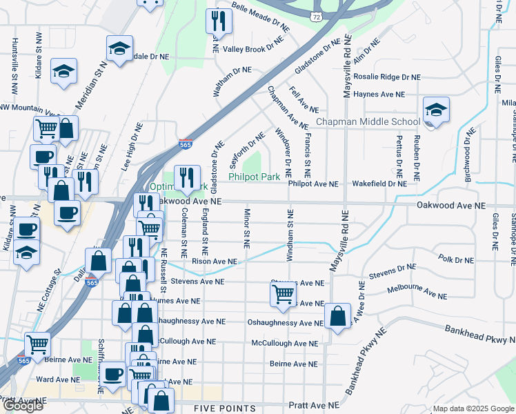 map of restaurants, bars, coffee shops, grocery stores, and more near 1316 Oakwood Avenue Northeast in Huntsville