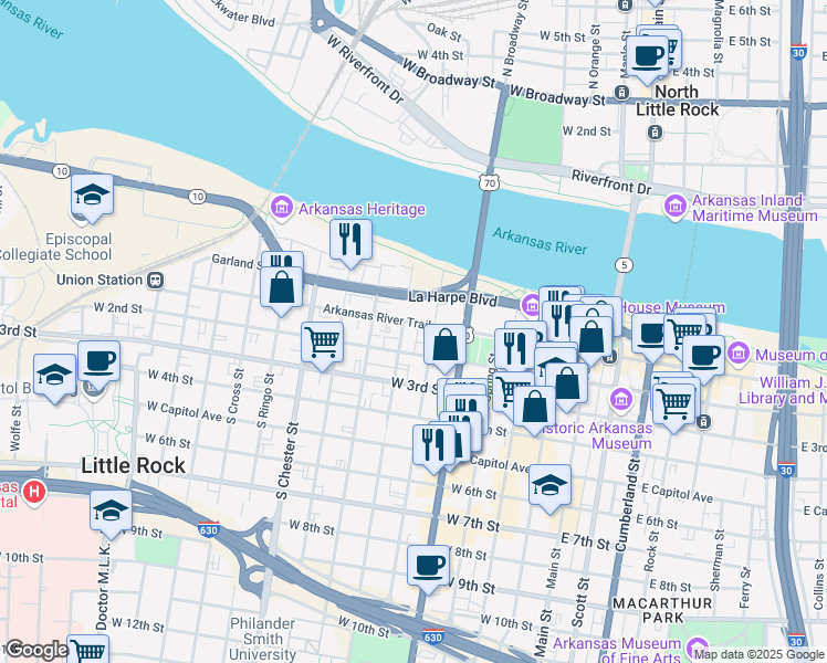 map of restaurants, bars, coffee shops, grocery stores, and more near 615 Arkansas River Trail in Little Rock
