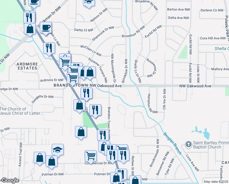 map of restaurants, bars, coffee shops, grocery stores, and more near 1702 Morningside Drive Northwest in Huntsville