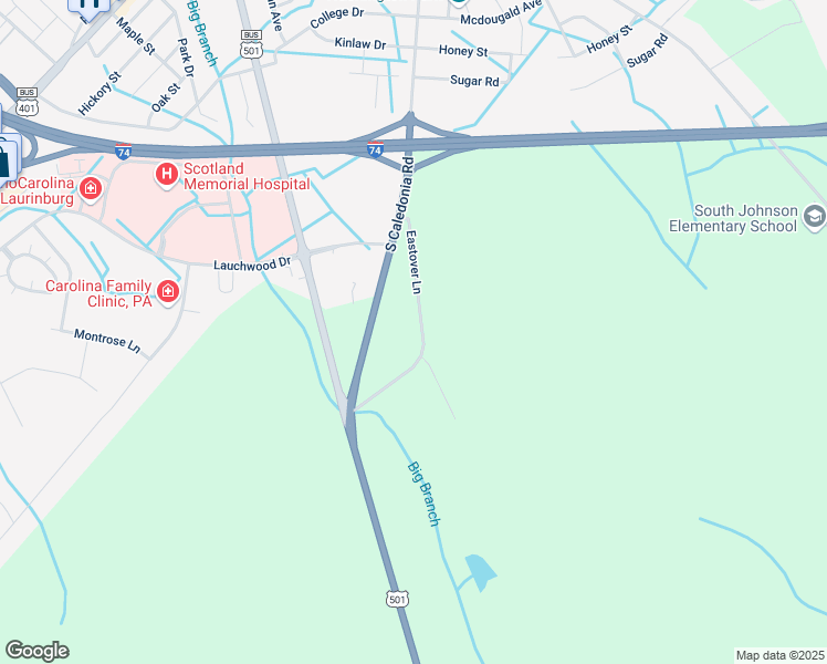 map of restaurants, bars, coffee shops, grocery stores, and more near 12861 Eastover Lane in Laurinburg