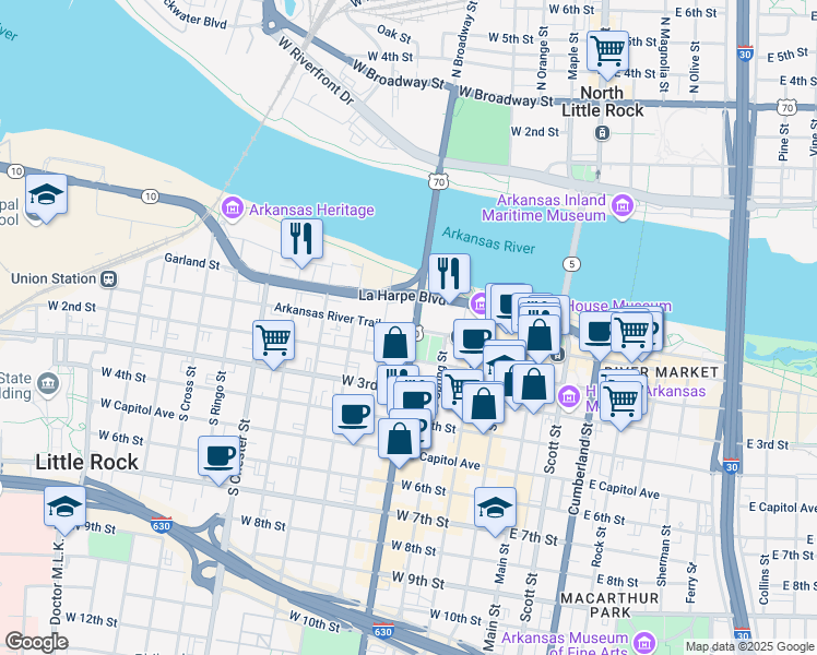 map of restaurants, bars, coffee shops, grocery stores, and more near 520 West Markham Street in Little Rock