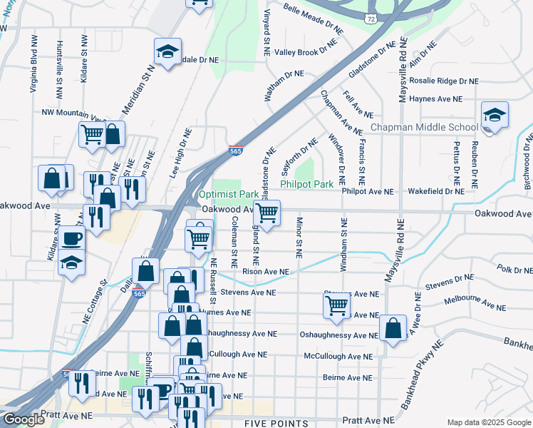 map of restaurants, bars, coffee shops, grocery stores, and more near 1102 Oakwood Avenue Northeast in Huntsville