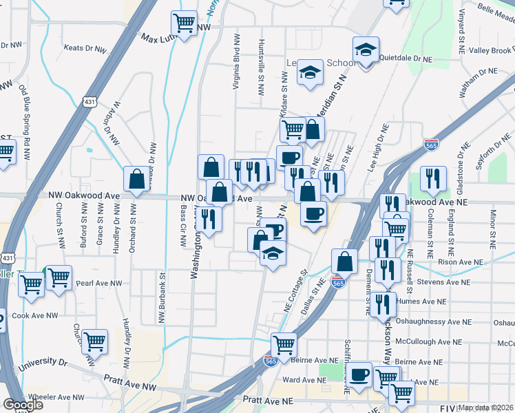 map of restaurants, bars, coffee shops, grocery stores, and more near 115 Oakwood Avenue Northwest in Huntsville