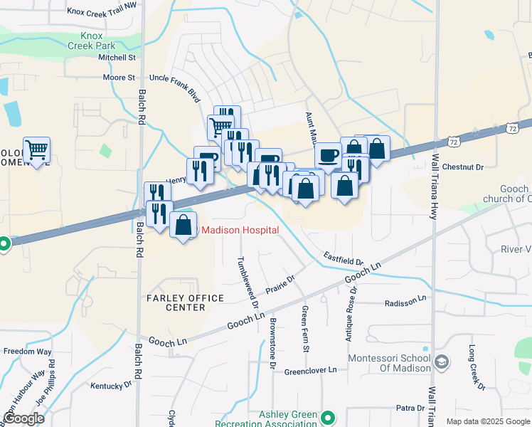 map of restaurants, bars, coffee shops, grocery stores, and more near 121 Brookridge Drive in Madison