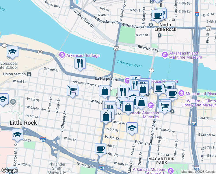 map of restaurants, bars, coffee shops, grocery stores, and more near in Little Rock