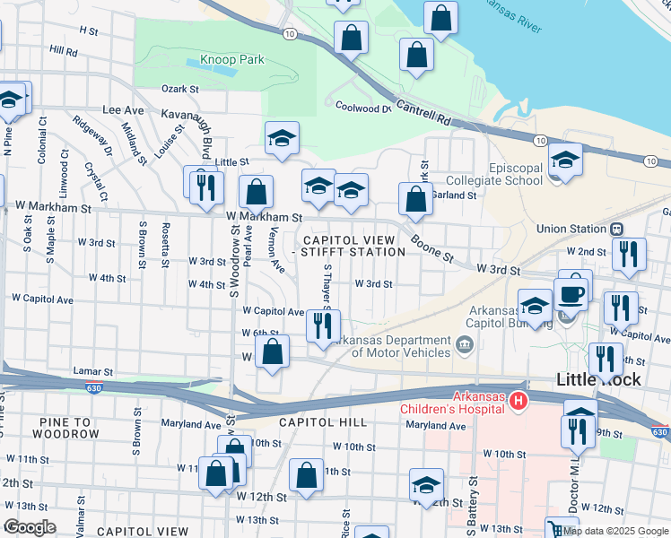 map of restaurants, bars, coffee shops, grocery stores, and more near 206 South Thayer Street in Little Rock