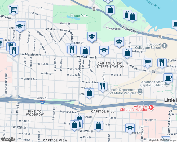 map of restaurants, bars, coffee shops, grocery stores, and more near 2803 Linden Street in Little Rock