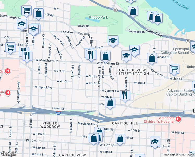 map of restaurants, bars, coffee shops, grocery stores, and more near 300 South Woodrow Street in Little Rock