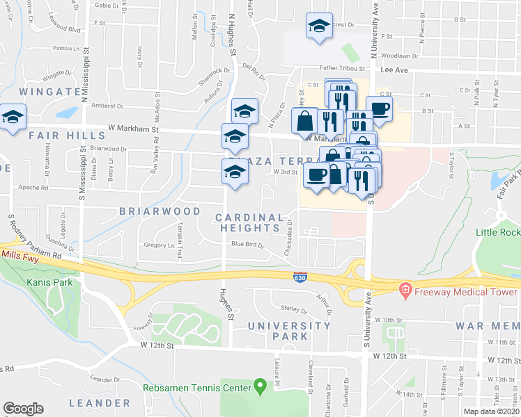map of restaurants, bars, coffee shops, grocery stores, and more near 419 Bobwhite Drive in Little Rock