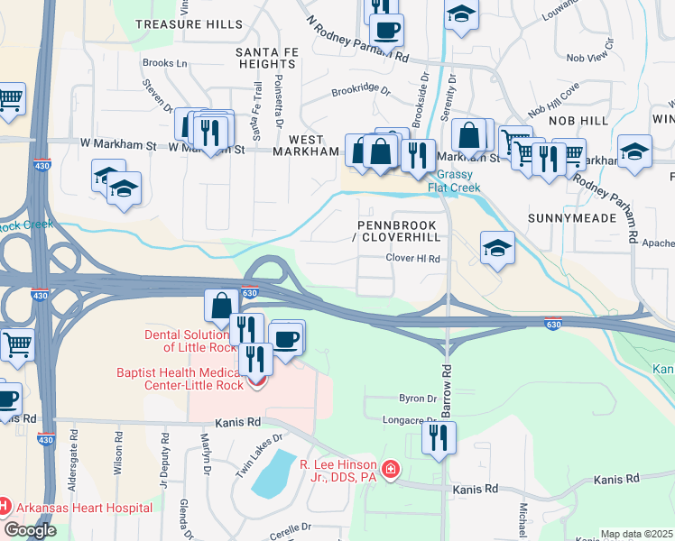 map of restaurants, bars, coffee shops, grocery stores, and more near 9215 Cloverhill Road in Little Rock