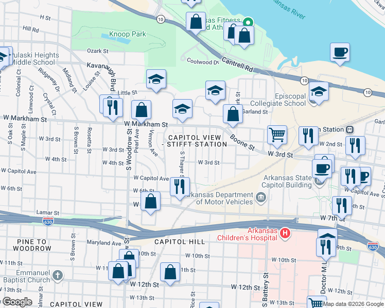 map of restaurants, bars, coffee shops, grocery stores, and more near 215 Rice Street in Little Rock