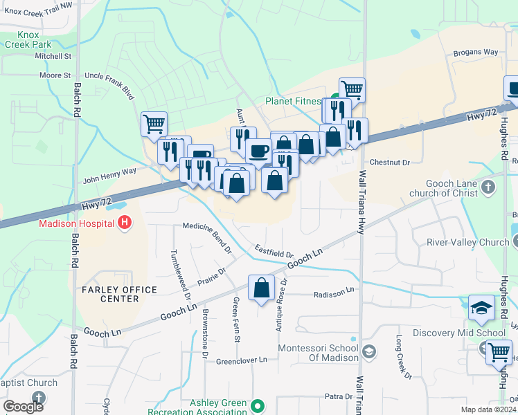 map of restaurants, bars, coffee shops, grocery stores, and more near 8207 Highway 72 West in Madison