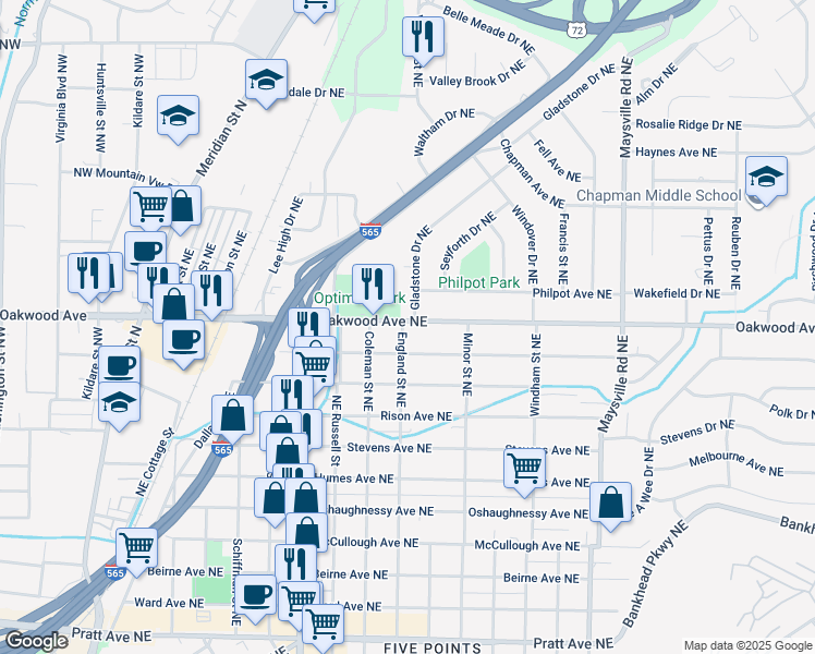 map of restaurants, bars, coffee shops, grocery stores, and more near 1102 Oakwood Avenue Northeast in Huntsville