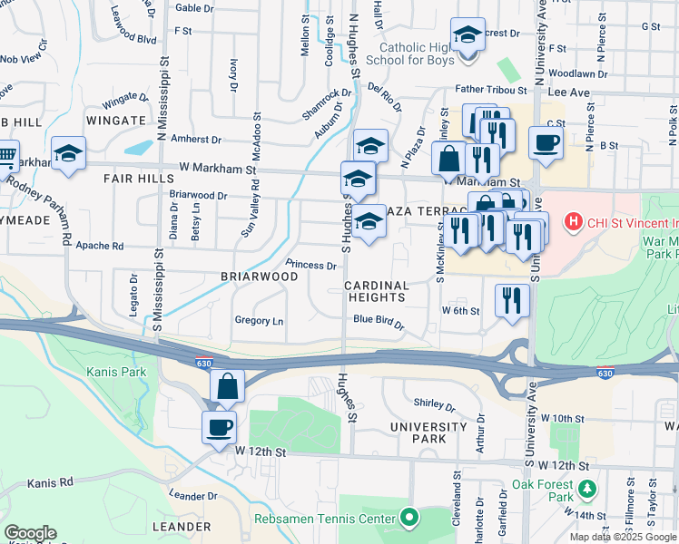 map of restaurants, bars, coffee shops, grocery stores, and more near 500 South Hughes Street in Little Rock
