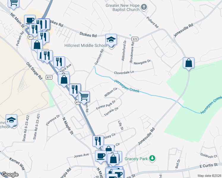 map of restaurants, bars, coffee shops, grocery stores, and more near 143 Wilbon Circle in Simpsonville