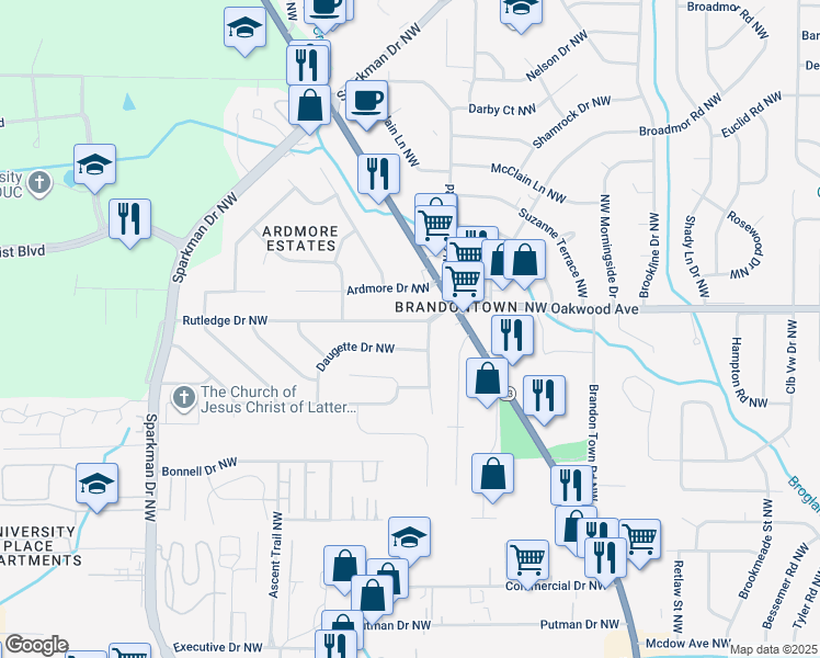 map of restaurants, bars, coffee shops, grocery stores, and more near 4613 Rutledge Drive Northwest in Huntsville