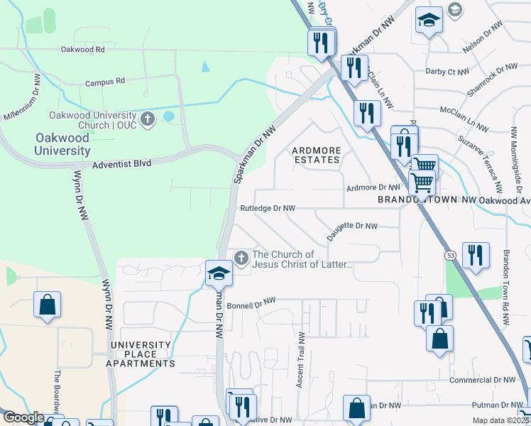 map of restaurants, bars, coffee shops, grocery stores, and more near 4807 Rutledge Drive Northwest in Huntsville
