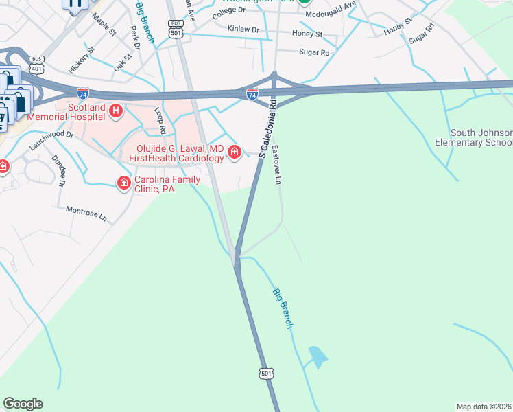 map of restaurants, bars, coffee shops, grocery stores, and more near 12781 South Caledonia Road in Laurinburg
