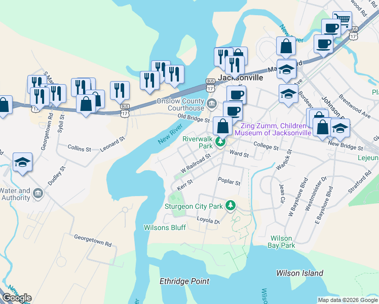 map of restaurants, bars, coffee shops, grocery stores, and more near 117 Mill Avenue in Jacksonville