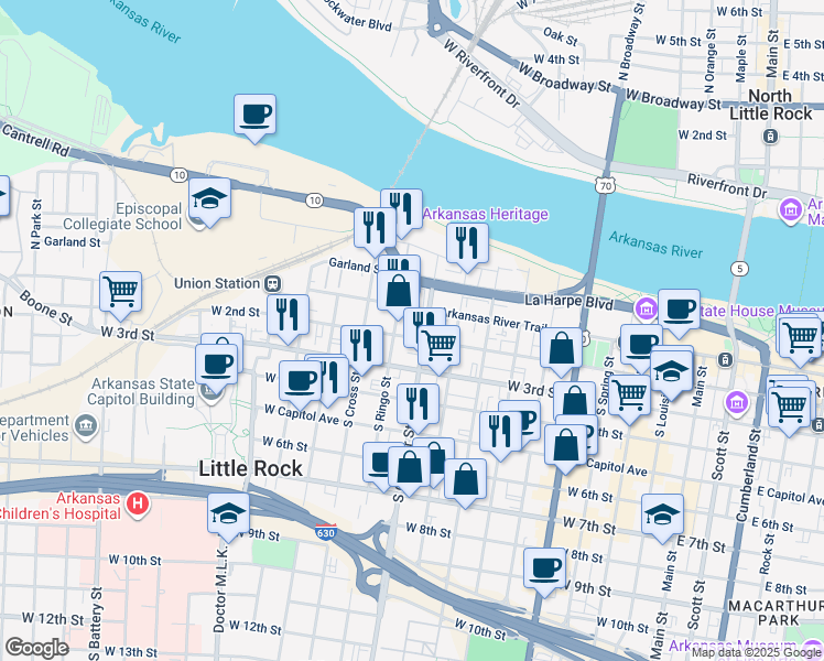 map of restaurants, bars, coffee shops, grocery stores, and more near 1008 West 2nd Street in Little Rock
