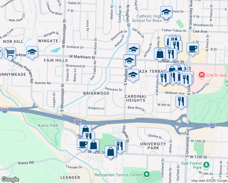 map of restaurants, bars, coffee shops, grocery stores, and more near 7001 Princess Drive in Little Rock