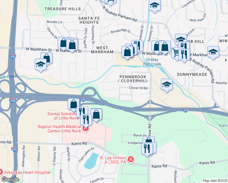 map of restaurants, bars, coffee shops, grocery stores, and more near 9215 Cloverhill Road in Little Rock