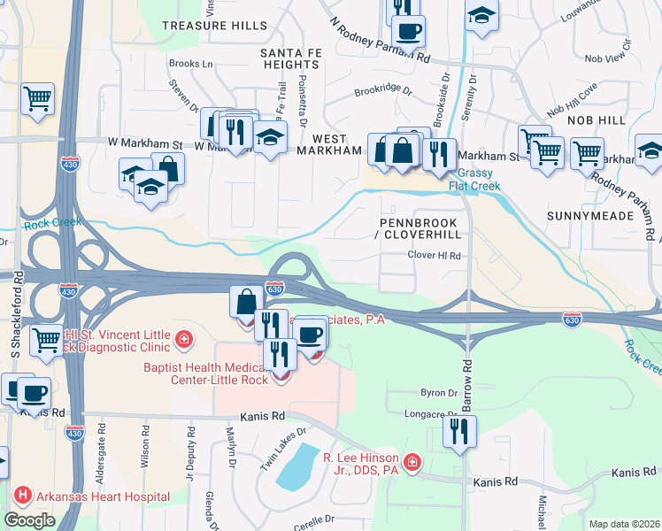 map of restaurants, bars, coffee shops, grocery stores, and more near 9319 Cloverhill Road in Little Rock
