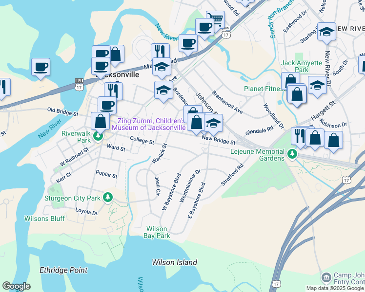 map of restaurants, bars, coffee shops, grocery stores, and more near 619 College Street in Jacksonville