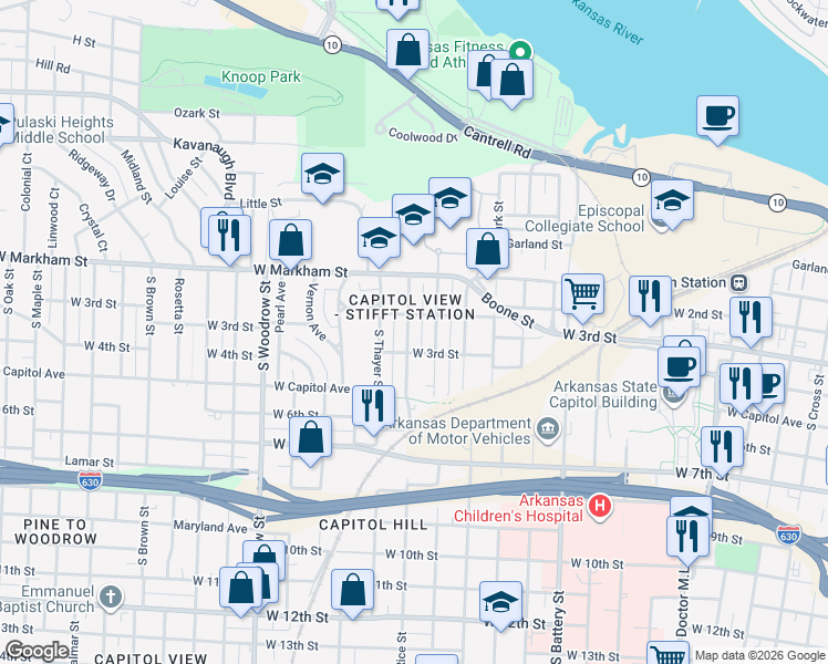 map of restaurants, bars, coffee shops, grocery stores, and more near 215 Rice Street in Little Rock
