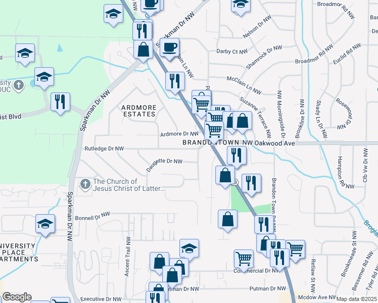 map of restaurants, bars, coffee shops, grocery stores, and more near 4613 Rutledge Drive Northwest in Huntsville