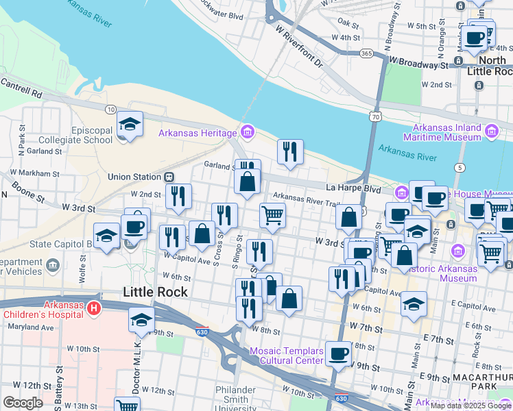 map of restaurants, bars, coffee shops, grocery stores, and more near 1000 West 2nd Street in Little Rock