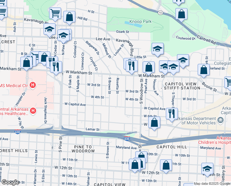 map of restaurants, bars, coffee shops, grocery stores, and more near 301 Rosetta Street in Little Rock