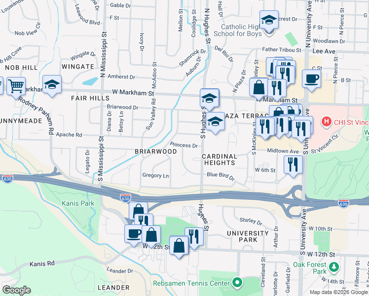 map of restaurants, bars, coffee shops, grocery stores, and more near 7001 Princess Drive in Little Rock