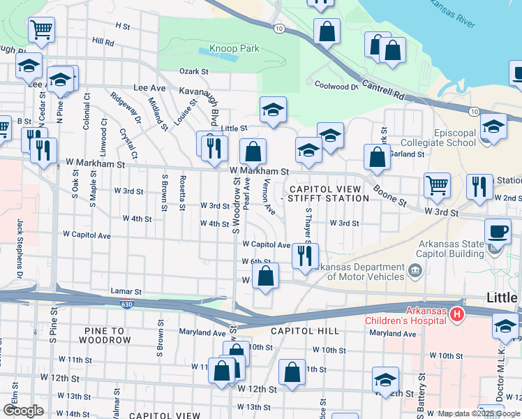 map of restaurants, bars, coffee shops, grocery stores, and more near 2803 Linden Street in Little Rock