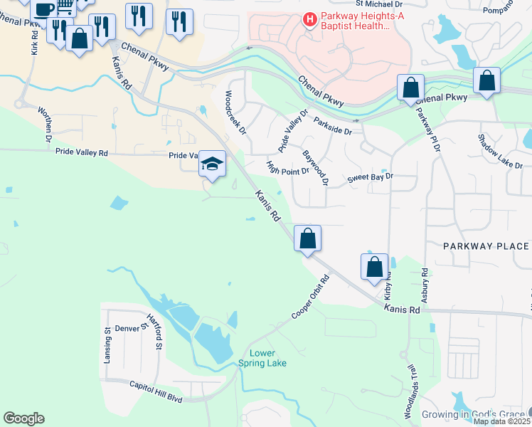 map of restaurants, bars, coffee shops, grocery stores, and more near 14705 Kanis Road in Little Rock