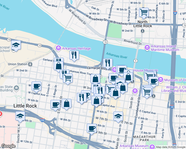 map of restaurants, bars, coffee shops, grocery stores, and more near 600 West Markham Street in Little Rock
